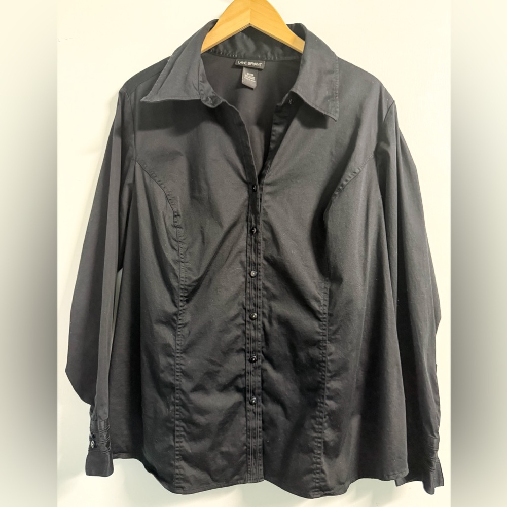 Lane Bryant Black Tuxedo Blouse 22/24 Plus Size Stretch Button Down Shirt